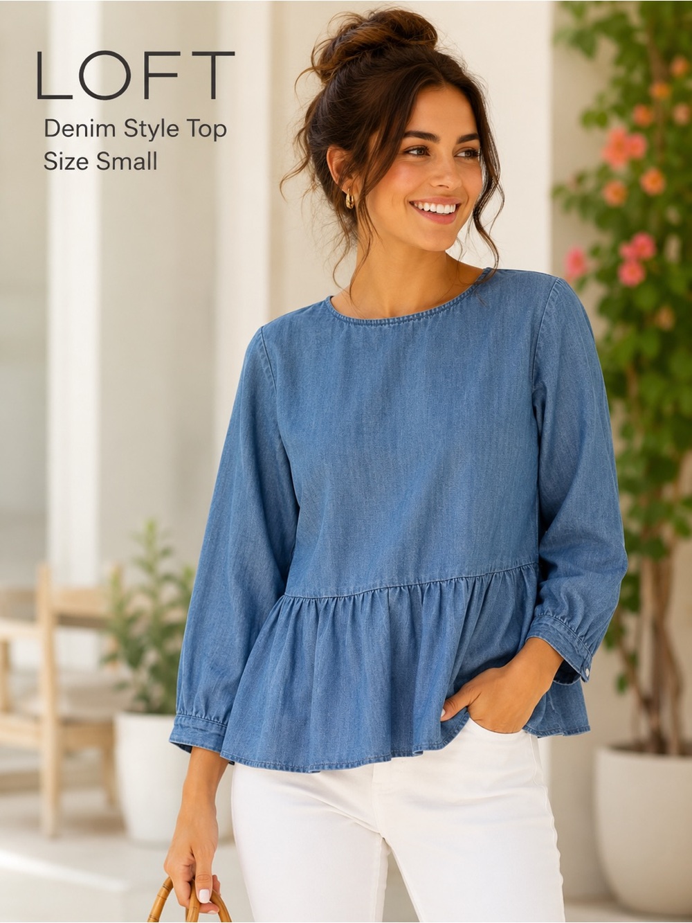 LOFT Chambray Denim Style Peplum Top Long Sleeve Blue Size Small